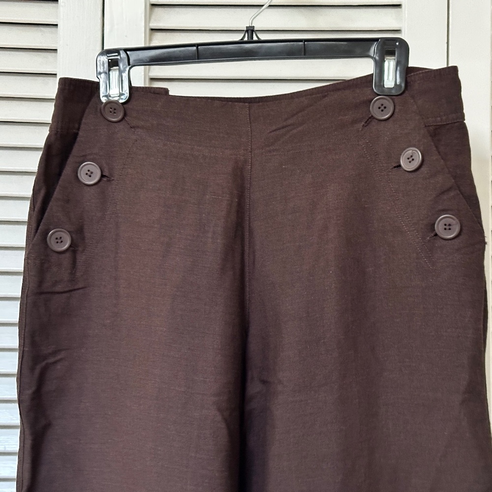 Vintage 90s Sherry Taylor Ramie Rayon Brown Sailor Trousers Wide Leg Medium - Picture 3 of 11